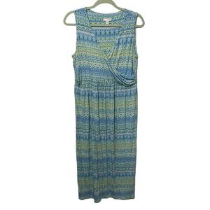 J.Jill Maxi Dress Women's Medium Blue Green Geometric Print Stretch Maxi Dress